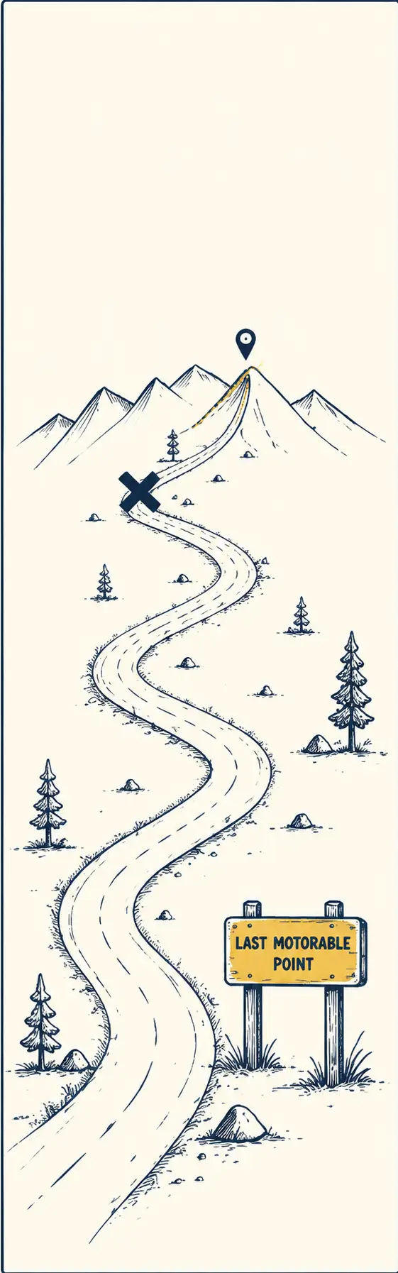 Hand-drawn mountain road leading to a remote village